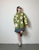 Military Green Embroidery Floral Padded Coat  #241259